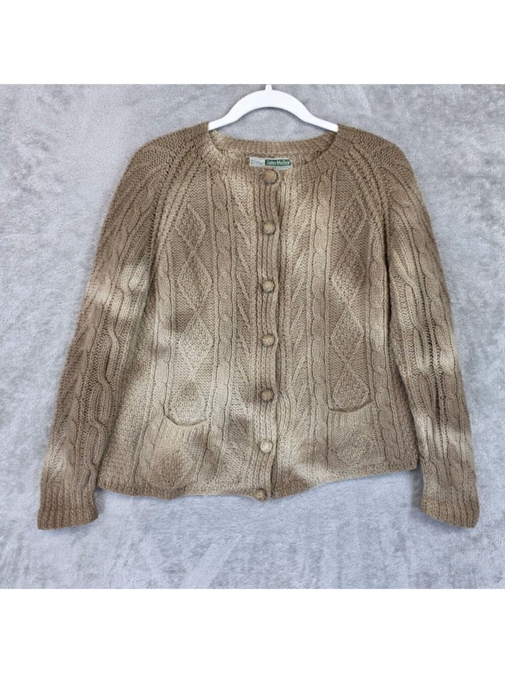 Vintage John Molloy Cardigan Sweater Womens M Beige 100% Wool Cable Knit Ireland